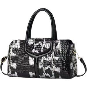 Women's Black White Faux Leather Top handle Crocodile Crossbody Satchel Bag